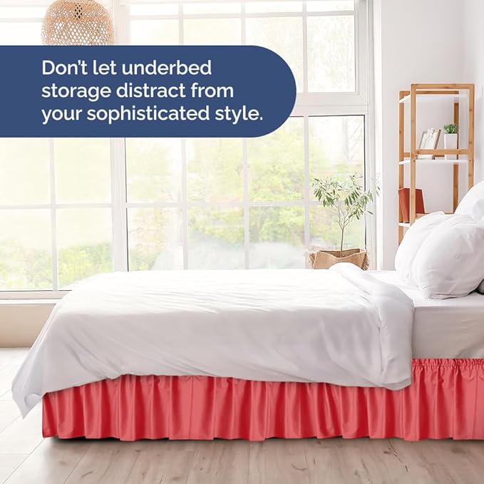 Wrap Around Dust Ruffle Bed Skirt - Red - Twin/Twin XL Size Beds with 12 Inch Drop - Easy Fit Elastic Strap - Adjustable Pleated Bedskirt w/Brushed Fabric - Wrinkle Free - Women, Men, Kids & Teens