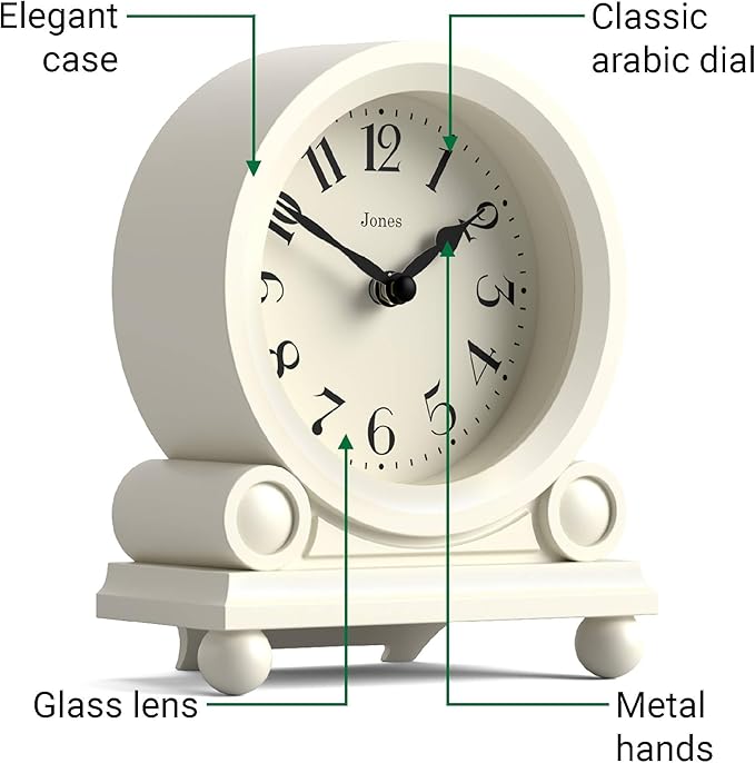 JONES CLOCKS® Maida Vale Mantel Clock | Small Traditional Desk Clock | Pale Cream | Pretty & Charming Ideal for Mantelpiece, Bookshelf or Bedside