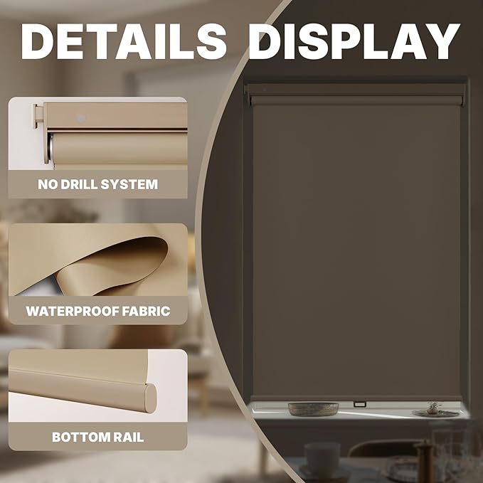 HESTIA No Drill Cordless Blackout Roller Shades Screwless Waterproof Shower Window Blinds, Auto-Retraction Easy Install Blind for Bathroom/Kitchen/Office/Exterior, Greige, 56" W x 72" H
