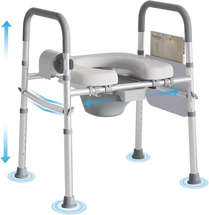 Bedside Commode for Seniors, FSA/HSA Eligible Bedside Toilet with Adjustable Width and Height, 400 LBS Weight Capacity, 16.5 Inch Extra Large Soft Seat Plate