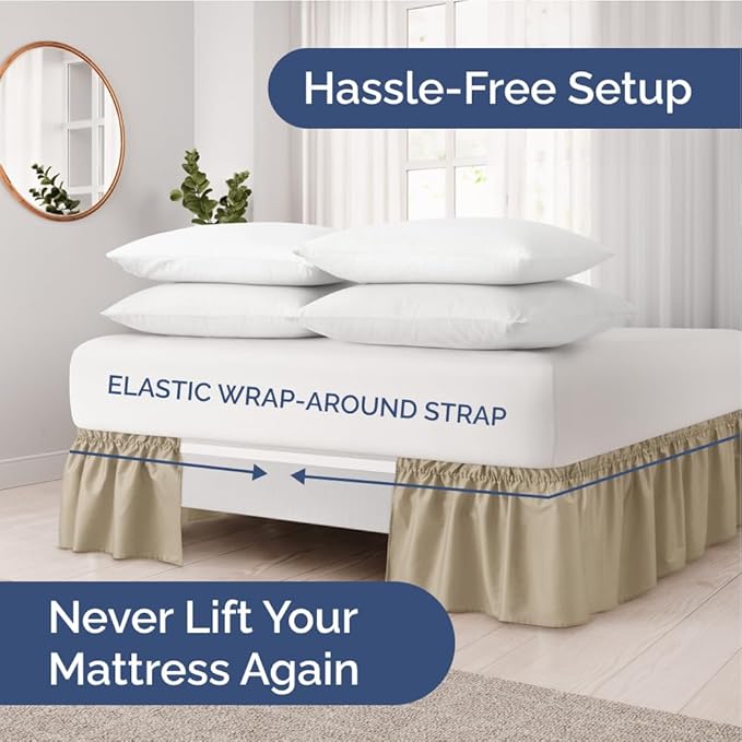 Wrap Around Dust Ruffle Bed Skirt - Beige - for Queen Size Beds with 21 Inch Drop - Easy Fit Elastic Strap - Adjustable Pleated Bedskirt w/Brushed Fabric - Wrinkle Free - for Women, Men, Kids & Teens