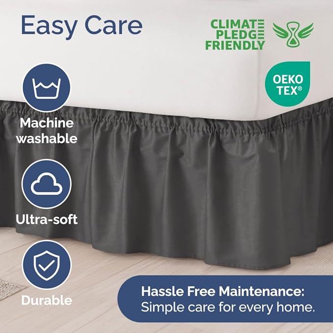 Wrap Around Dust Ruffle Bed Skirt - Charcoal - Twin/Twin XL Size Beds w/ 15 Inch Drop - Easy Fit Elastic Strap - Adjustable Pleated Bedskirt w/Brushed Fabric - Wrinkle Free - Women, Men, Kids & Teens