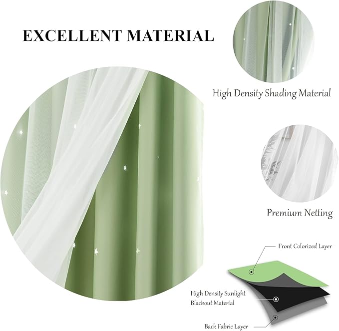 Star Curtains Double Layer Blackout Curtains for Bedroom Kids Curtains 63 Inches Long 2 Panels Set, Green 42 X 63 Inches