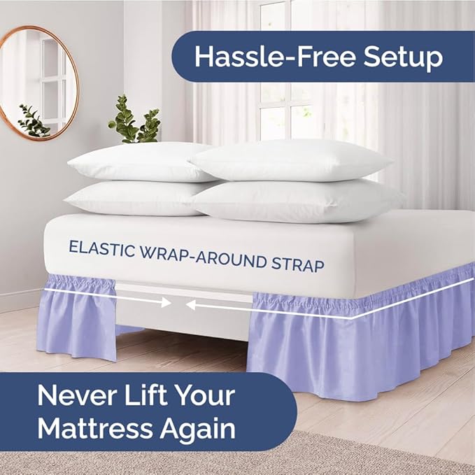 Wrap Around Dust Ruffle Bed Skirt - Lavender - for Full Size Beds with 24 Inch Drop - Easy Fit Elastic Strap - Adjustable Pleated Bedskirt w/Brushed Fabric Wrinkle Free - for Women, Men, Kids & Teens