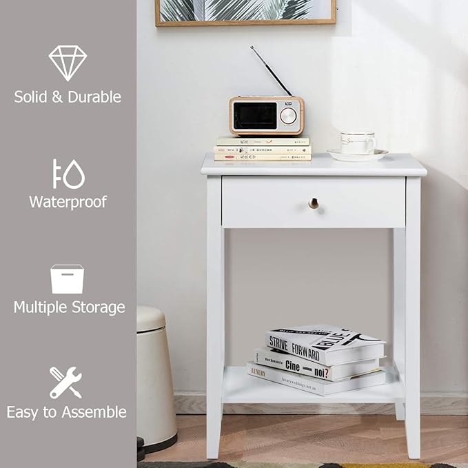Giantex Nightstand Wooden 2-Tier Couch Sofa Side Table with Drawer, Storage Shelf, Solid Wood Legs,Mufti-Functional Home Furniture for Living Room Bedroom Study Room End Table (1, White)