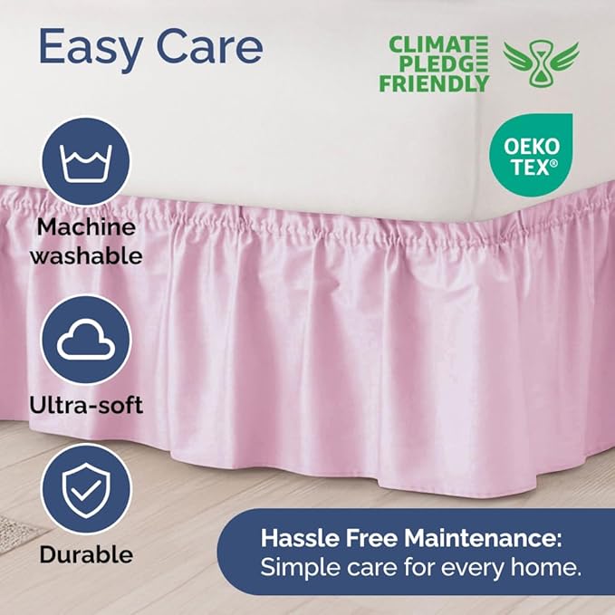 Wrap Around Dust Ruffle Bed Skirt - Light Pink - Twin/Twin XL Size Beds with 18 Inch Drop - Elastic Strap - Adjustable Pleated Bedskirt with Brushed Fabric and Wrinkle Free - Women, Men, Kids & Teens