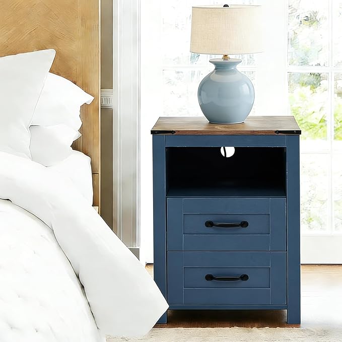 Blue Rustic Night Stand, Farmhouse End Table, Modern Bedside Table with 2 Storage Drawers and Open Shelf, Tall Nightstand for Bedroom