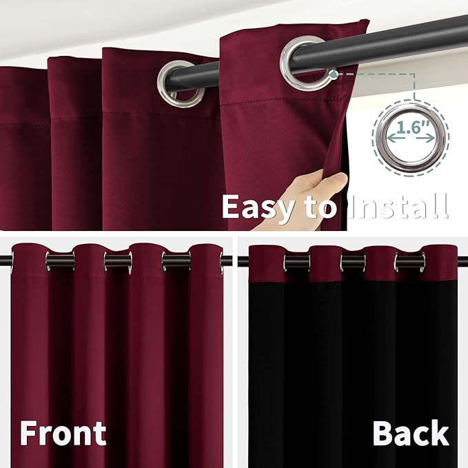 BGment Thermal Insulated 100% Blackout Curtains for Bedroom with Black Liner, Double Layer Full Room Darkening Noise Reducing Grommet Curtain (52 x 84 Inch, Burgundy Red, 2 Panels)