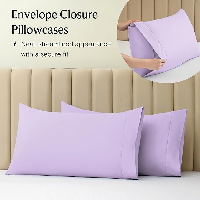 LuxClub 4 PC Queen Sheet Set, Deep Pockets Wrinkle Free Cooling Bed Sheets Hotel Bedding for Women, Men, Includes 1 Fitted Sheet, 1 Flat Sheet and 2 Pillowcases-Silky Soft Lavender