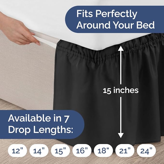 Wrap Around Dust Ruffle Bed Skirt - Black - for Queen Size Beds with 15 Inch Drop - Easy Fit Elastic Strap - Adjustable Pleated Bedskirt w/Brushed Fabric - Wrinkle Free - for Women, Men, Kids & Teens