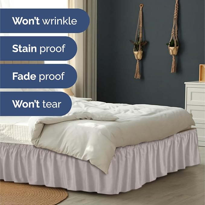 Wrap Around Dust Ruffle Bed Skirt - Light Grey - for Queen Size Beds with 15 Inch Drop - Elastic Strap - Adjustable Pleated Bedskirt with Brushed Fabric and Wrinkle Free - For Women, Men, Kids & Teens