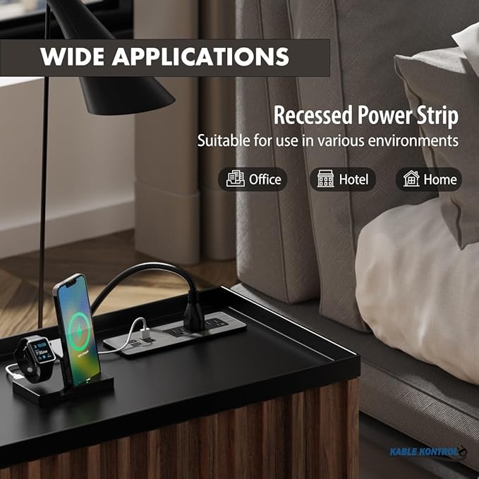 Kable Kontrol Recessed Power Strip with Fast Charging 2 PD65W USB-C Ports, 2 USB-A Ports, 3 Power Desk Outlets, Flush Mount Furniture Charging Station Grommet for Side Table, End Table - Black, 5 Pcs