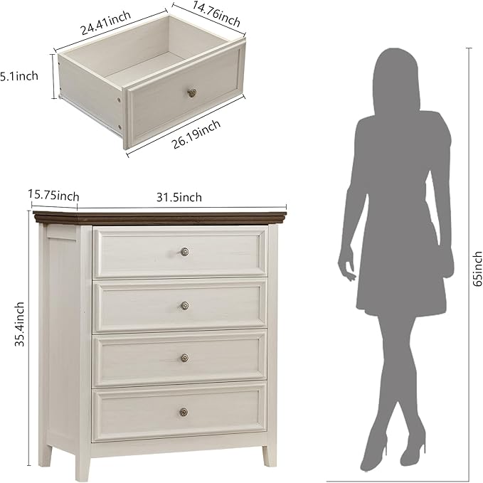 Antique White Dresser for Bedroom 4 Drawers Dresser,4 Chest of Drawers Storage Cabinet for Living Room,Filing Cabinet for Home Office