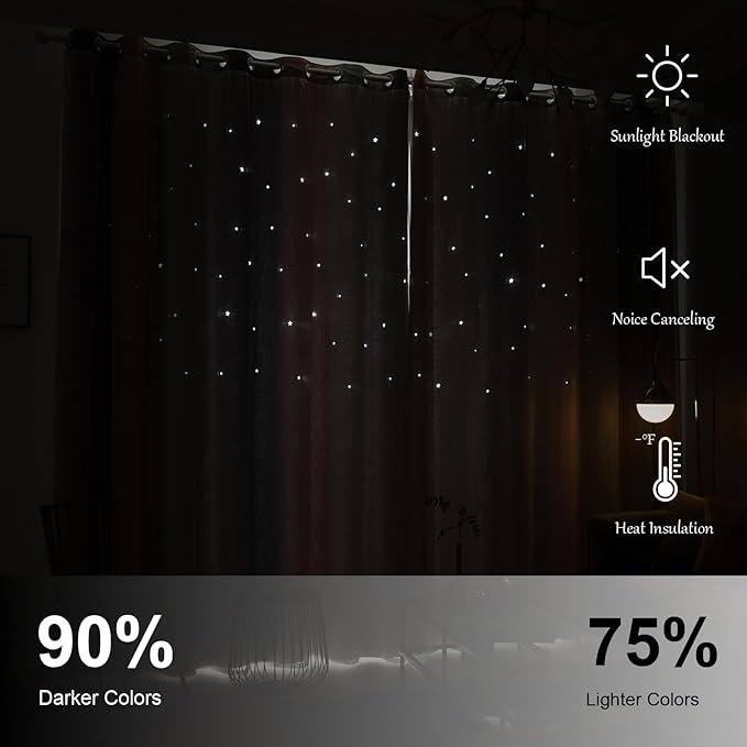 Star Curtains - Blackout & Rainbow Kids Bedroom Curtains, 72 Inch Long, 2 Panels, Pink & Grey