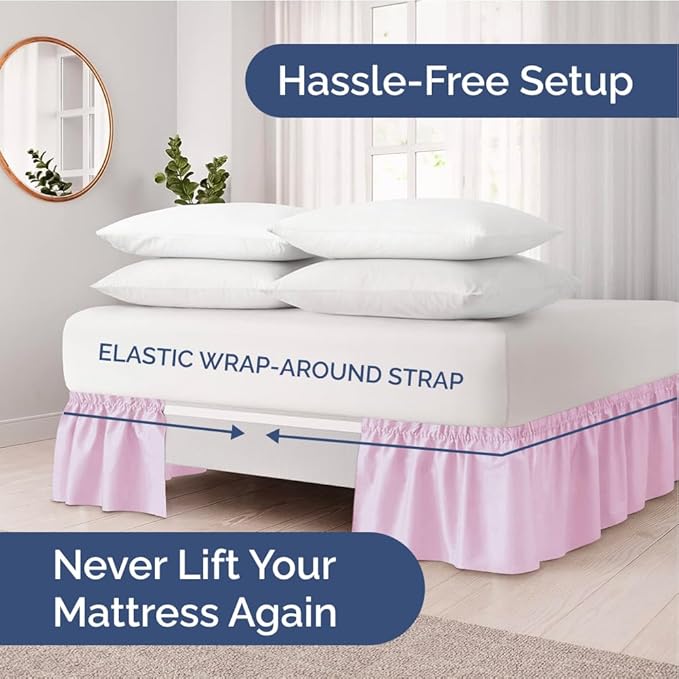 Wrap Around Dust Ruffle Bed Skirt - Light Pink - for Full Size Beds with 21 Inch Drop - Elastic Strap - Adjustable Pleated Bedskirt with Brushed Fabric and Wrinkle Free - for Women, Men, Kids & Teens