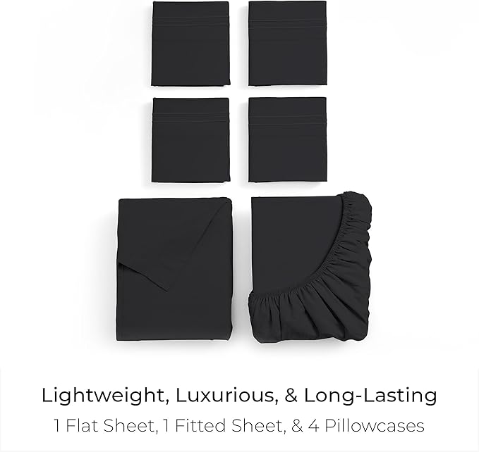 Mellanni Full Sheet Set - 6-Piece Iconic Collection Bedding, (Including 4 Pillowcases), 21-Inch Extra Deep Pocket, Easy Care, Ultra Soft, Cooling Sheets, Brushed Microfiber - Black