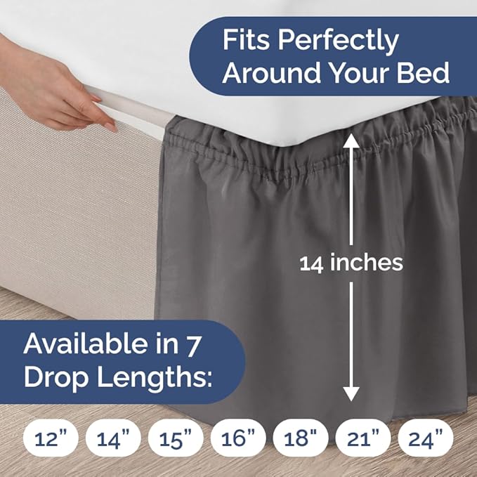 Wrap Around Dust Ruffle Bed Skirt - Dark Grey - for Queen Size Beds w/ 14 Inch Drop - Easy Fit Elastic Strap - Adjustable Pleated Bedskirt with Brushed Fabric, Wrinkle Free Women, Men, Kids and Teens