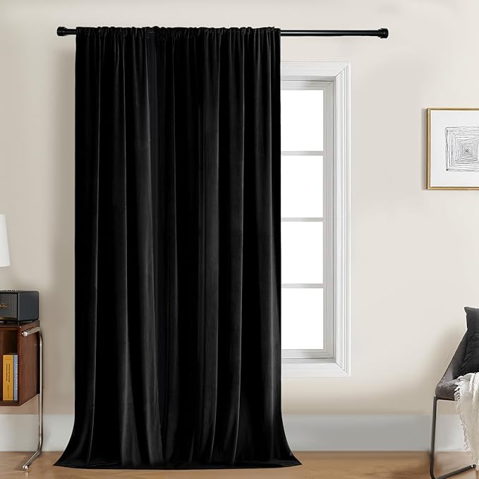 Joydeco Velvet Curtains 108 inch 1 Panel, Long Luxury Black Blackout Thermal Insulated Rod Pocket Window Curtains, Super Soft Room Darkening Drapes for Living Room Bedroom, W100 x L108 Inch, Black