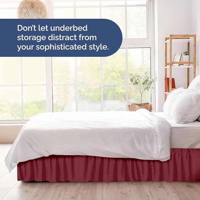 Wrap Around Dust Ruffle Bed Skirt - Burgundy - Twin/Twin XL Size Beds with 18 Inch Drop - Easy Fit Elastic Strap - Adjustable Pleated Bedskirt w/Brushed Fabric Wrinkle Free - Women, Men, Kids & Teens