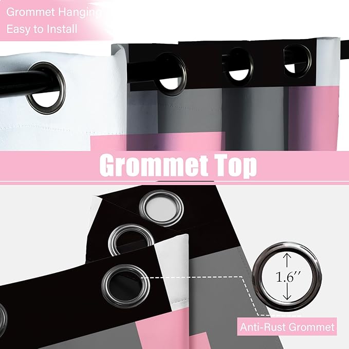 Pink 100% Blackout Curtains for Bedroom 45 inch Length 2 Panels Set Grey Modern Abstract Geometric Black Out Curtains Insulated Room Darkening Window Drapes for Living Room, 52Wx45L