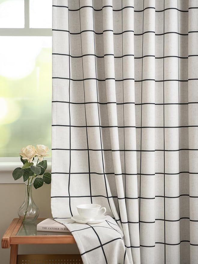 Plaid Pinch Pleated Curtains - Modern Luxury Linen Buffalo Blackout Drapes, Thermal Insulated Double Layer Window Panels for Living Room Bedroom, 108 Inches Long Black 2 Panels Set