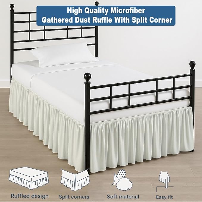 Ruffled Bed Skirt Split Corners with Platform, Tailored Fit Hotel Quality Wrinkle Free Ultra-Soft Microfiber Dust Ruffle, Upto 14 Inch Drop, Twin XL, Ivory
