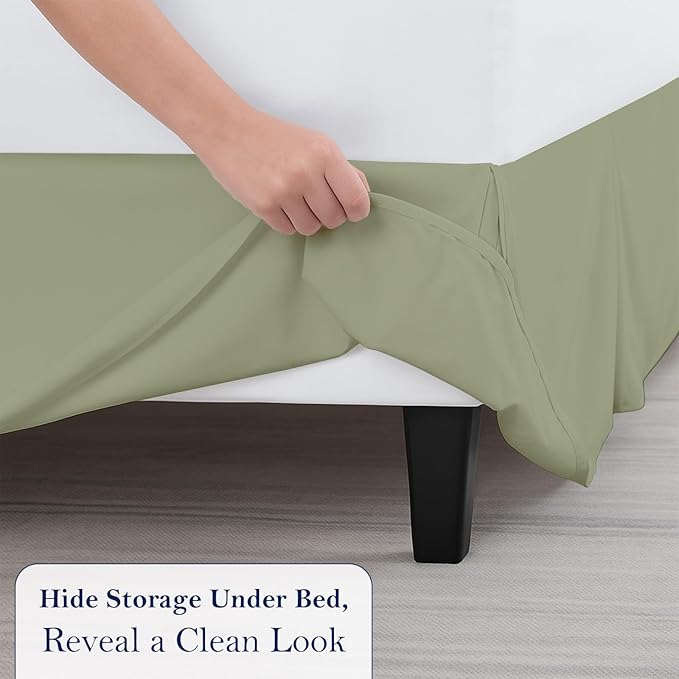 King Bed Skirt, Luxury 21 Inch Drop Sage Pleated Bed Skirt, Double Brushed Microfiber, Box Pleat Design, Wrinkle & Fade Resistant, Easy Fit Tailored Bedskirt for King Size Beds