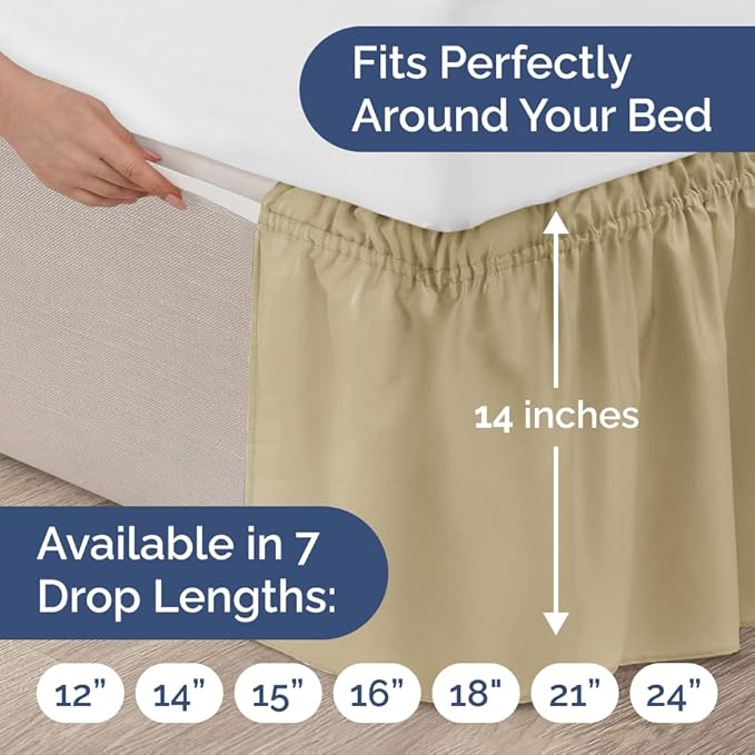 Wrap Around Dust Ruffle Bed Skirt - Beige - for Twin Size Beds w/ 14 Inch Drop - Easy Fit Elastic Strap - Adjustable Pleated Bedskirt w/Brushed Fabric, Wrinkle & Fade Free Women, Men, Kids & Teens