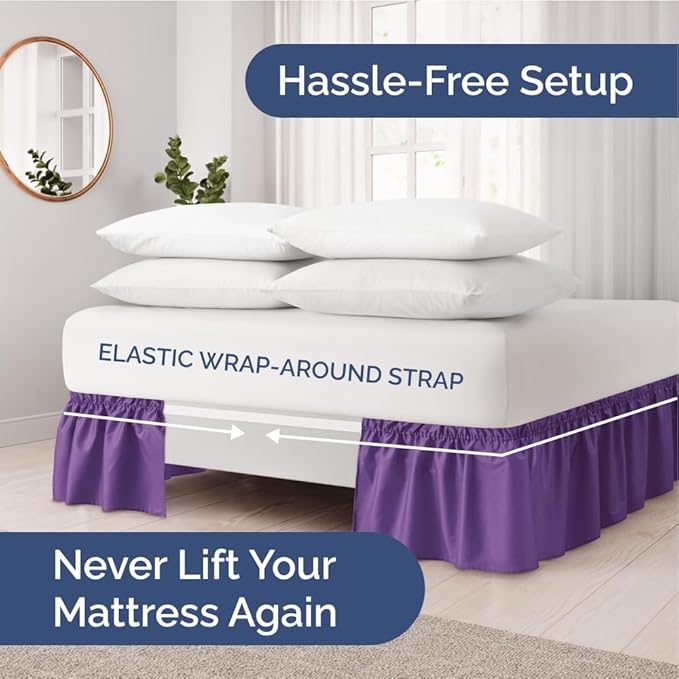 Wrap Around Dust Ruffle Bed Skirt - Purple - for King Size Beds with 12 Inch Drop - Easy Fit Elastic Strap - Adjustable Pleated Bedskirt w/Brushed Fabric - Wrinkle Free - for Women, Men, Kids & Teens
