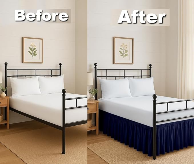 Ruffled Bed Skirt Split Corners with Platform, Tailored Fit Hotel Quality Wrinkle Free Ultra-Soft Microfiber Dust Ruffle, Upto 28 Inch Drop, Full XL, Navy Blue