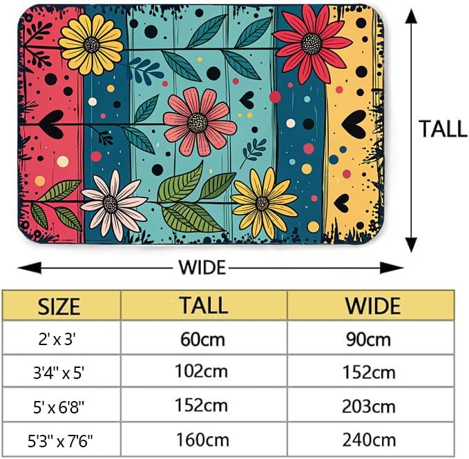 Machine Washable 5' x 8' Folk Art Print Style Area Rug, Flowers Floor mat, Suitable for bedrooms, Girls' Room Bedside, Living Room, Dining Room, Office, Non-Slip Low-Pile Retro, Fashionable Carpet