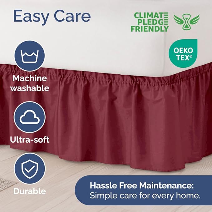 Wrap Around Dust Ruffle Bed Skirt - Burgundy - Twin/Twin XL Size Beds with 18 Inch Drop - Easy Fit Elastic Strap - Adjustable Pleated Bedskirt w/Brushed Fabric Wrinkle Free - Women, Men, Kids & Teens