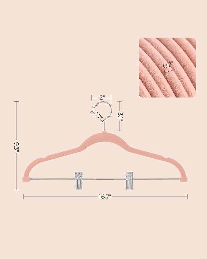 SONGMICS 30-Pack Pants Hangers, 16.7-Inch Long Velvet Hangers with Adjustable Clips, Heavy-Duty, Non-Slip Skirt Hangers, Space-Saving for Pants, Skirts, Coats, Dresses, Light Pink UCRF12PK30