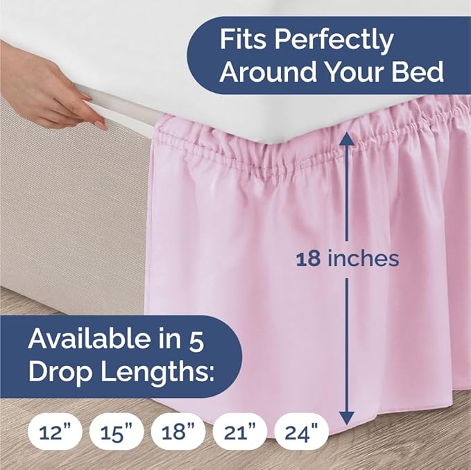 Wrap Around Dust Ruffle Bed Skirt - Light Pink - for Queen Size Beds with 18 Inch Drop - Elastic Strap - Adjustable Pleated Bedskirt with Brushed Fabric and Wrinkle Free - For Women, Men, Kids & Teens