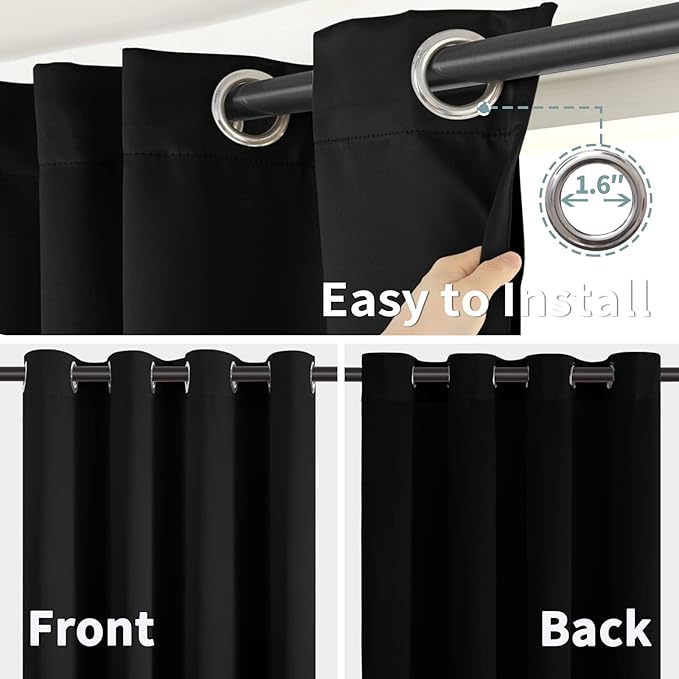 BGment Thermal Insulated 100% Blackout Curtains for Bedroom with Black Liner, Double Layer Full Room Darkening Noise Reducing Grommet Curtain (38 x 84 Inch, Black, 2 Panels)