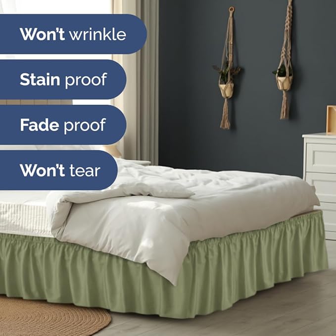 Wrap Around Dust Ruffle Bed Skirt - Sage Green - for King Size Beds with 24 Inch Drop - Elastic Strap - Adjustable Pleated Bedskirt with Brushed Fabric and Wrinkle Free - for Women, Men, Kids & Teens