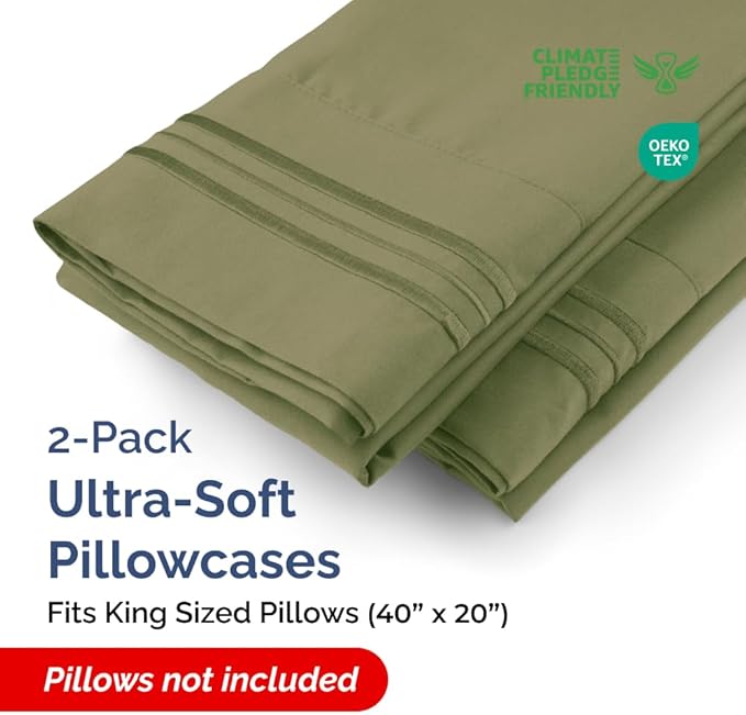 King Pillow Cases Set of 2 - Ultra Soft Hotel Quality Pillowcase Covers - Comfy, Cozy & Wrinkle Free - Shrinkage, Stain & Fade Resistant - Machine Washable Pillow Protectors - 2 Piece Set - Sage Green