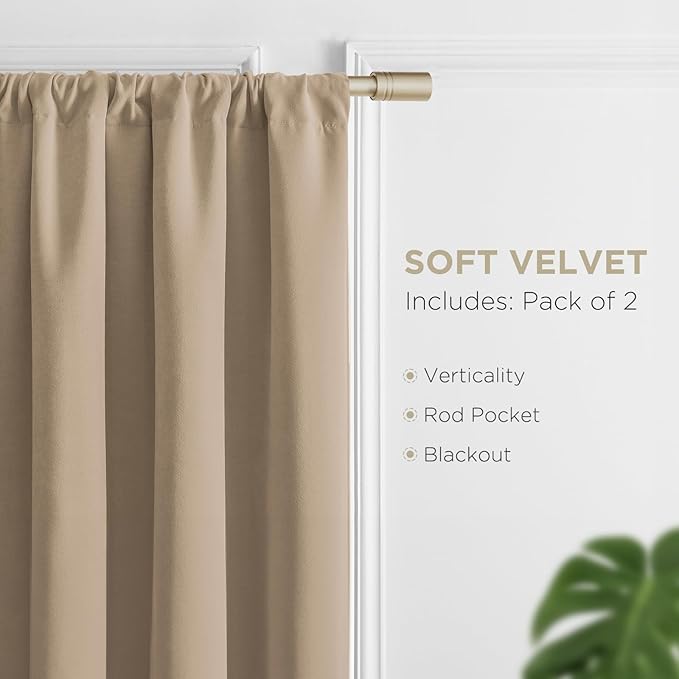 Joydeco Toffee Brown Velvet Curtains 90 Inches 2 Panels, Luxury Thermal Insulated Soft Brown Curtains for Bedroom & Living Room, Room Darkening Velvet Drapes, Rod Pocket (52W x 90L)