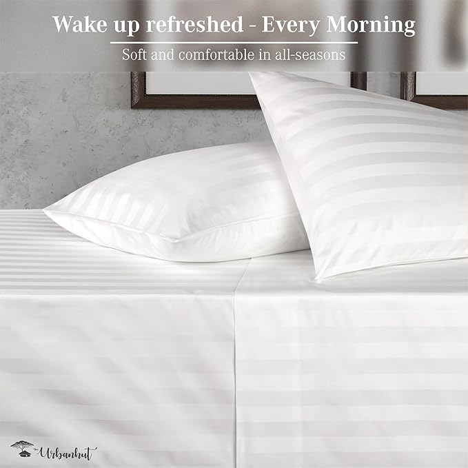 URBANHUT 800 Thread Count 100% Cotton Damask California King Size Sheets Set, 4 Piece Striped Cal King Size Bedsheets, Luxury Hotel Sheets Sateen Weave, 16" Elasticized Deep Pocket- White