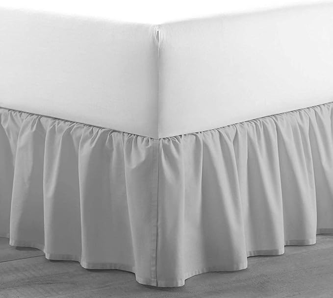 Light Grey Solid Ruffled Bed Skirt Short Queen-24 Inch Drop Split Corner, Microfiber Bedskirt with Platform Three Sided Coverage