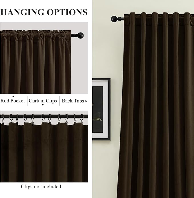 Brown Brown Velvet Curtains 96 Inches for Bedroom, Light Blocking Thermal Curtain Elegant Soundproof Soft Luxury Room Darkening Window Drapes for Living Room, Back Tab Rod Pocket, W52 x L96, 2 Pcs