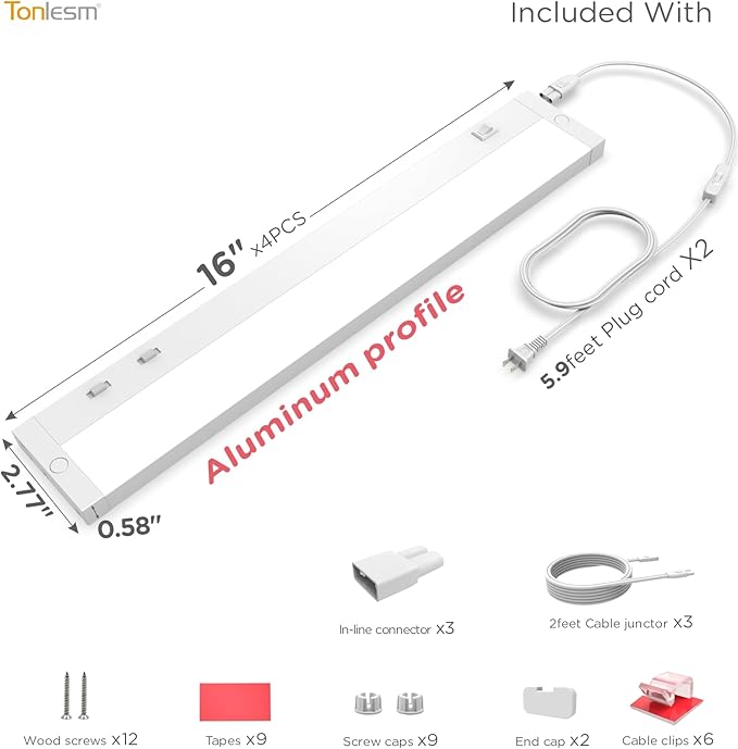 16 Inch Under Cabinet Lighting Plug in, 9W 120V 3 Color 3000K/4000K/5000K, 3 Brightness, Super Bright, Ultra Thin Under Counter Lights for Kitchen, Linkable LED Cabinet Light, White 4Pack