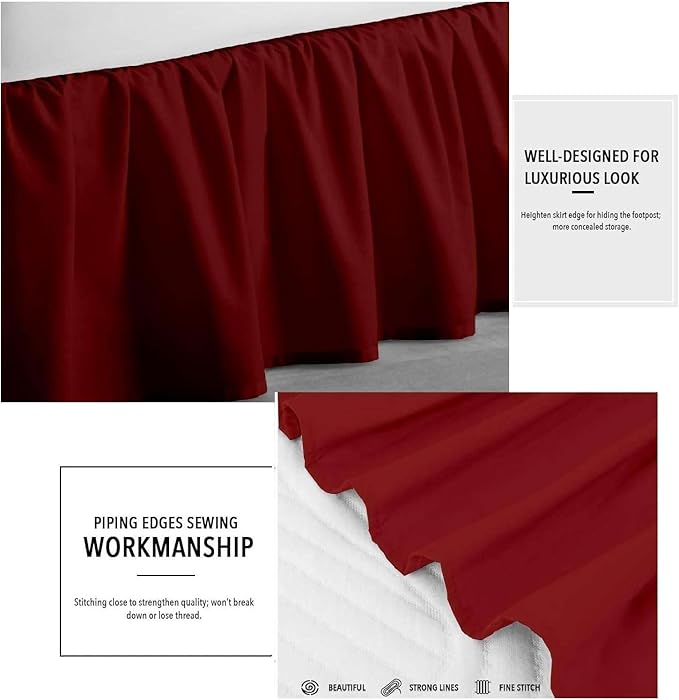 Burgundy Solid Ruffled Bed Skirt Queen-XL-14 Inch Drop Split Corner, Microfiber Bedskirt with Platform Three Sided Coverage