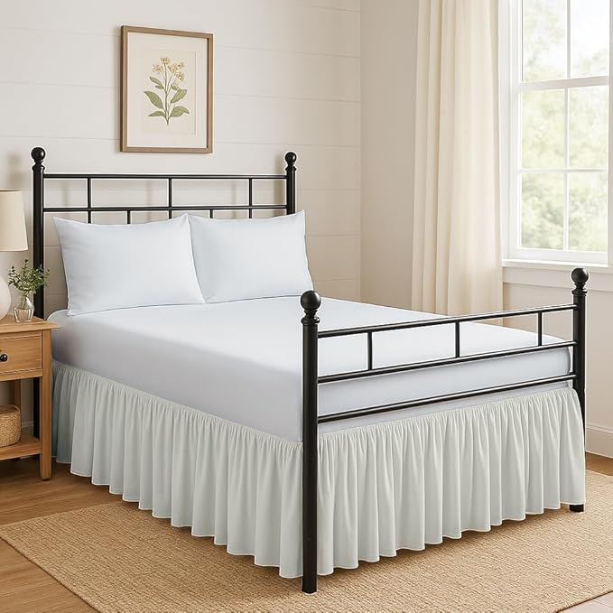 Ruffled Bed Skirt Split Corners with Platform, Tailored Fit Hotel Quality Wrinkle Free Ultra-Soft Microfiber Dust Ruffle, Upto 16 Inch Drop, Queen, Ivory