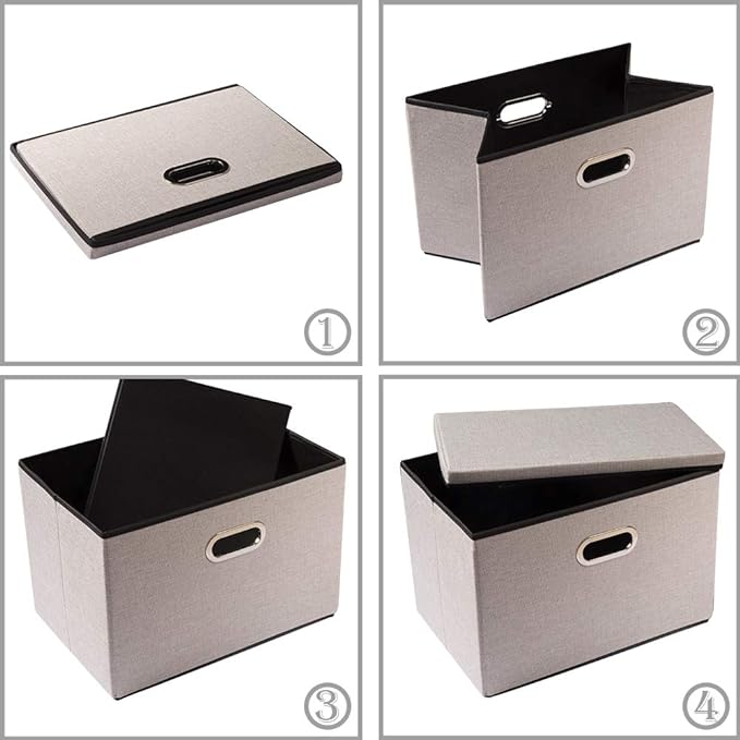 PRANDOM Foldable Storage Bin with Lid [1-Pack] Linen Fabric Decorative Storage Box Organizer Container Basket Cube with Handles Divider for Closet Office Living Room Light Grey(14.9x9.8x9.8)