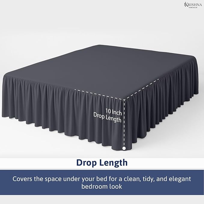 KRISHNA Ruffled Bed Skirt with Split Corners King, 100% Microfiber Hotel Quality, 10 Inch Drop Dust Ruffle Gathered Bedskirt with Platform, 78" x 80", Dark Grey