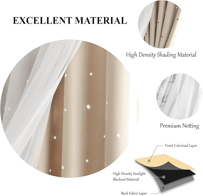 Star Double Layer Blackout Curtains for Bedroom Kids, Cute, 63 Inches Long 2 Panels Set, Beige, 42 X 63 Inches