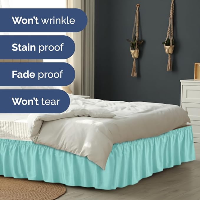 Wrap Around Dust Ruffle Bed Skirt - Spa Blue - for Queen Size Beds with 15 Inch Drop - Elastic Strap - Adjustable Pleated Bedskirt with Brushed Fabric and Wrinkle Free - for Women, Men, Kids & Teens