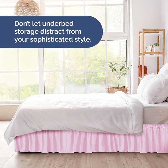 Wrap Around Dust Ruffle Bed Skirt - Light Pink - for King Size Beds with 24 Inch Drop - Elastic Strap - Adjustable Pleated Bedskirt with Brushed Fabric and Wrinkle Free - for Women, Men, Kids & Teens