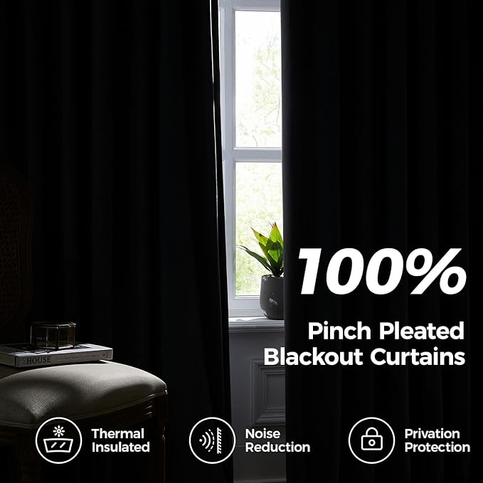 Pinch Pleated 100% Blackout Curtains for Bedroom, Yellow Velvet Curtains for Living Room, Black Out Curtain 86 inch Long Room Darkening, Blackout Pinch Pleat Drapes with Hooks 2 Panels